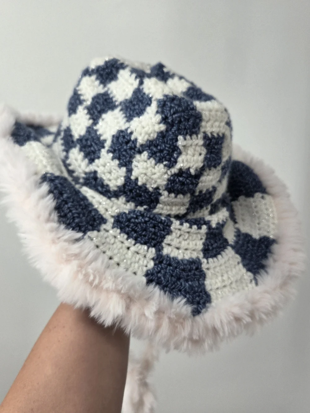Fun Crochet Checkered Cowboy Hat with Faux Fur Trim - Blue & White